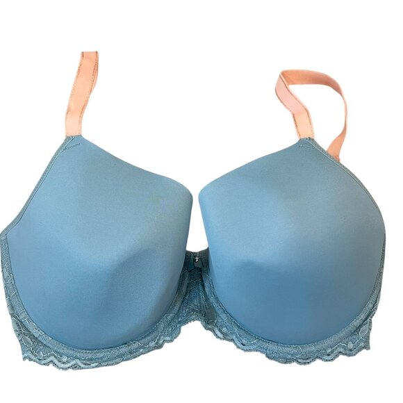 Freya 32G AA5450 Offbeat Underwire T-Shirt Plunge Bra Blue With Peach Straps Lac - Picture 1 of 3